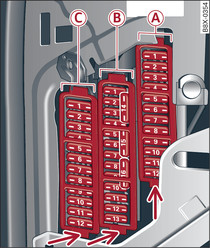 Interiér na straně řidiče: nosník pojistek s plastovým třmenem (obrázek: vozidlo s řízením vlevo)